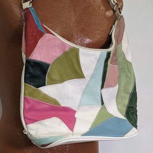 LEATHER PATCHWORK HANDBAG - Vintage 70s 80s 90s White Multi Color Purse with Zip